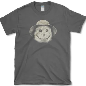 owl in sun hat t shirt essential tees s dark heather essential tees barn owl with hat essential tees premium graphic apparel 1256619773