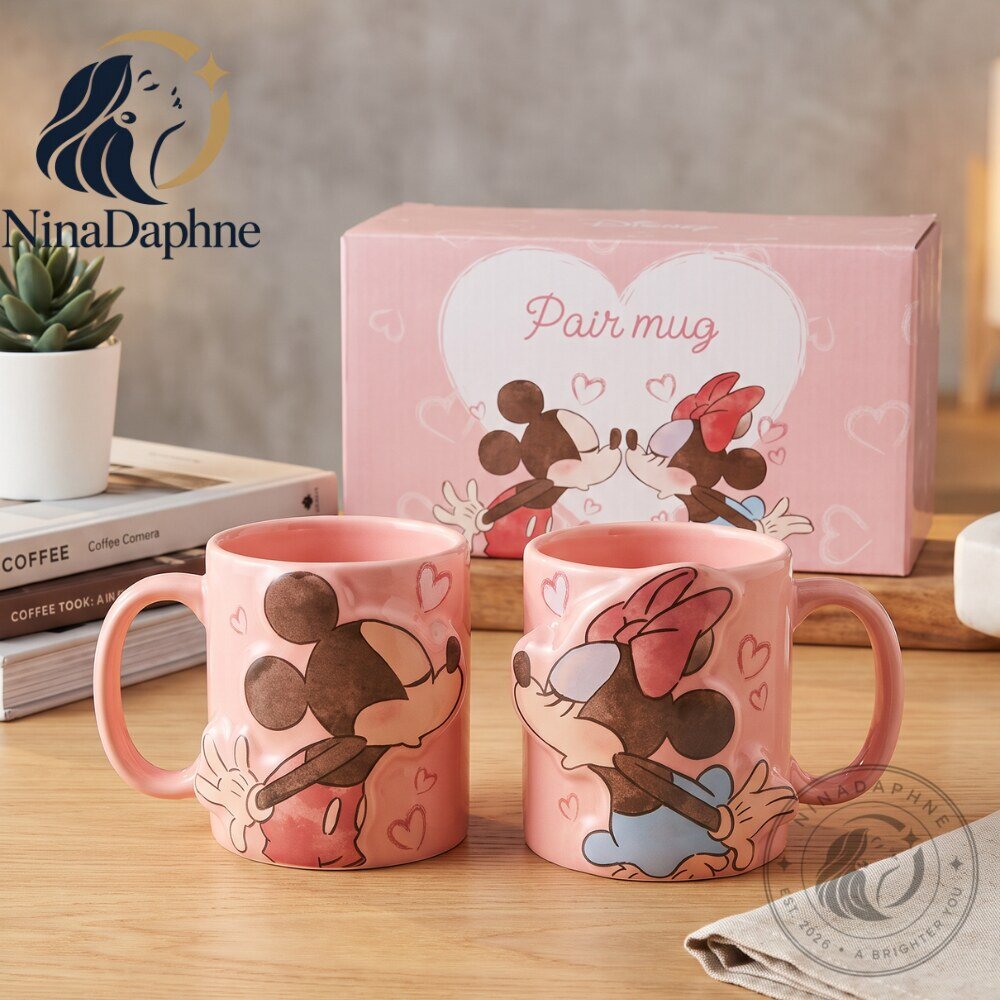 Mickey and Minnie Love Pair Mugs Pink Ceramic Coffee Cups Set for Couples