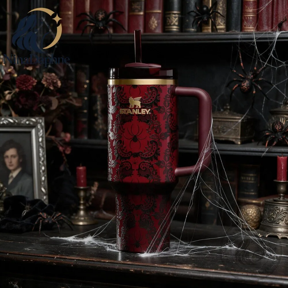 Stanley Halloween Quencher H2.0 FlowState Tumbler 40 OZ Red Black Spider Web Design
