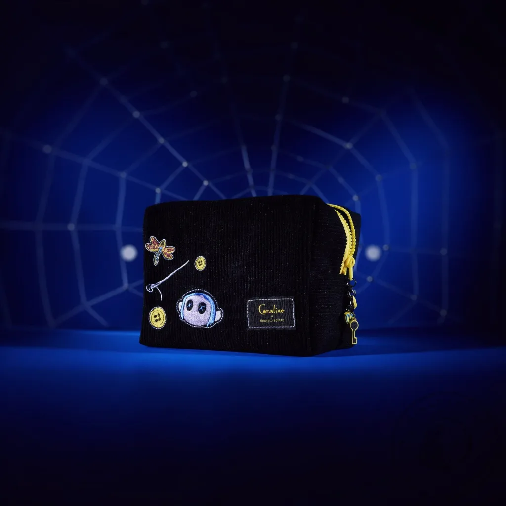 Coraline x Beauty Creations Threadful Black Corduroy Cosmetic Bag Embroidered Button Patch Makeup Pouch