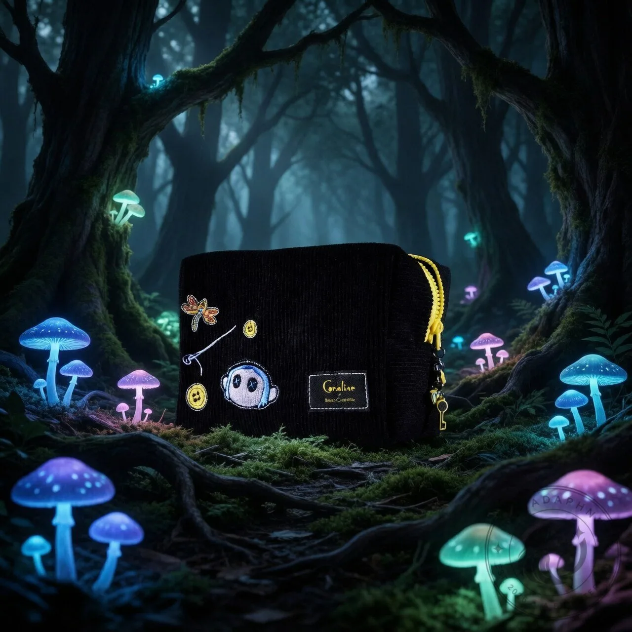 Coraline x Beauty Creations Threadful Black Corduroy Cosmetic Bag Embroidered Button Patch Makeup Pouch 8 Coraline x Beauty Creations Threadful Black Corduroy Cosmetic Bag Embroidered Button Patch Makeup Pouch