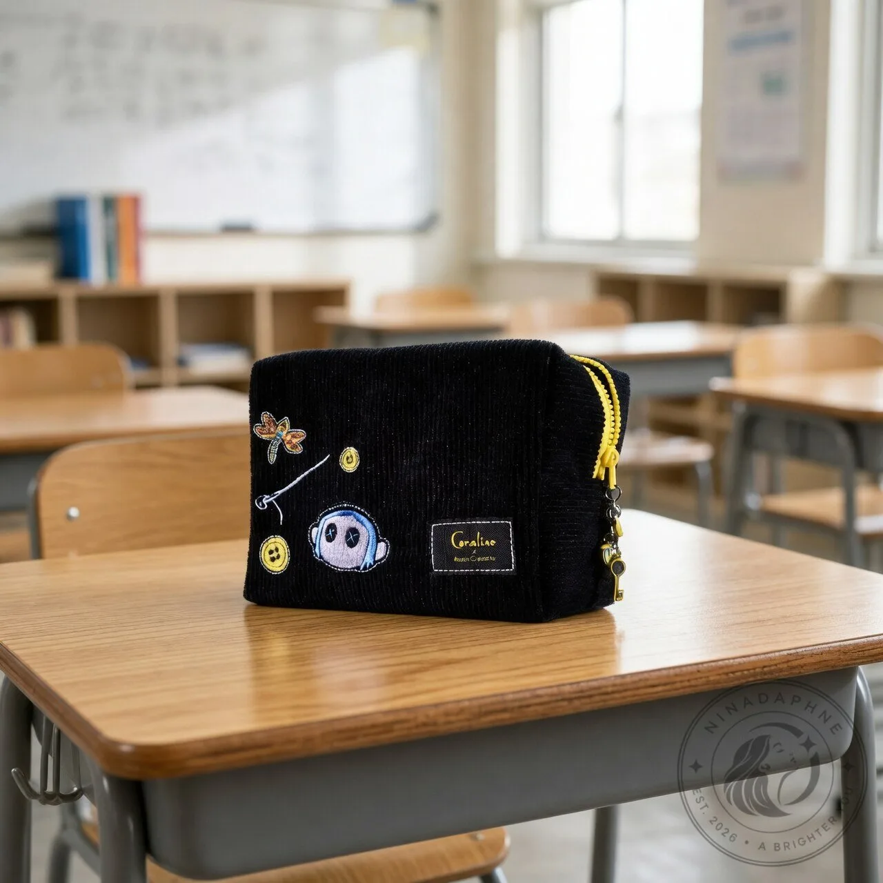 Coraline x Beauty Creations Threadful Black Corduroy Cosmetic Bag Embroidered Button Patch Makeup Pouch 9 Coraline x Beauty Creations Threadful Black Corduroy Cosmetic Bag Embroidered Button Patch Makeup Pouch