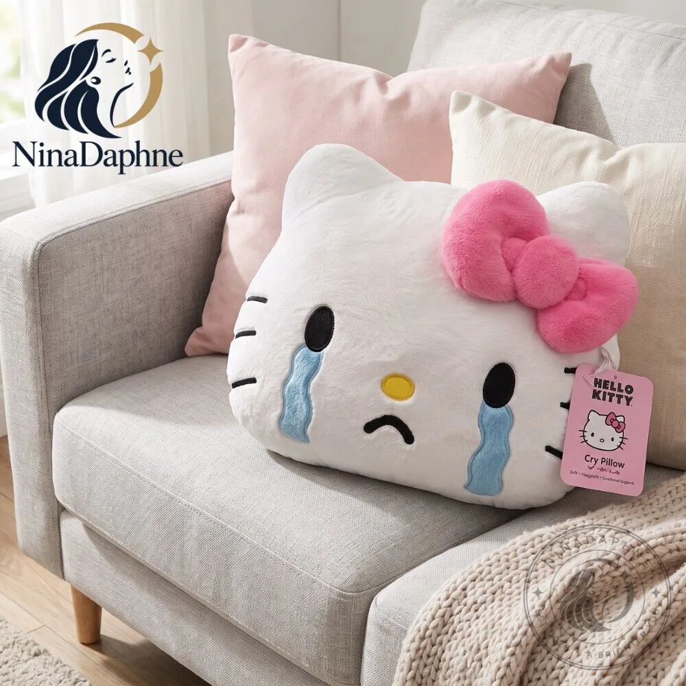 Hello Kitty Cry Pillow Plush Toy Pink Bow Sad Face