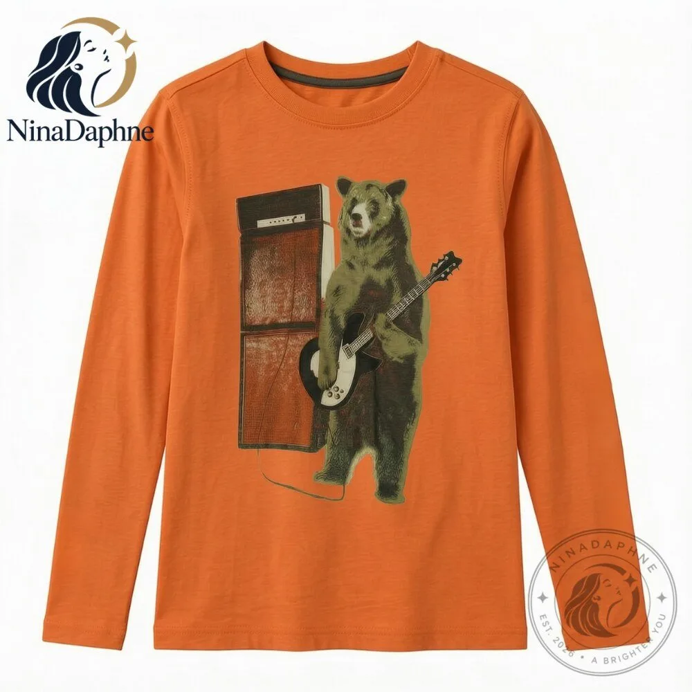 Vintage Bear Guitar Graphic Orange Long Sleeve Shirt