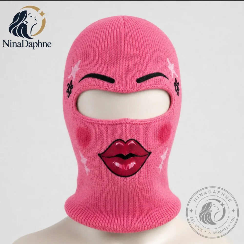 pink Lip Print Ski Mask Balaclava Y2K Streetwear Snow Mask